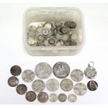 Pre-1947 British silver coins: two crowns; six florins; six 1/- coins; six 6d coins (one mounted