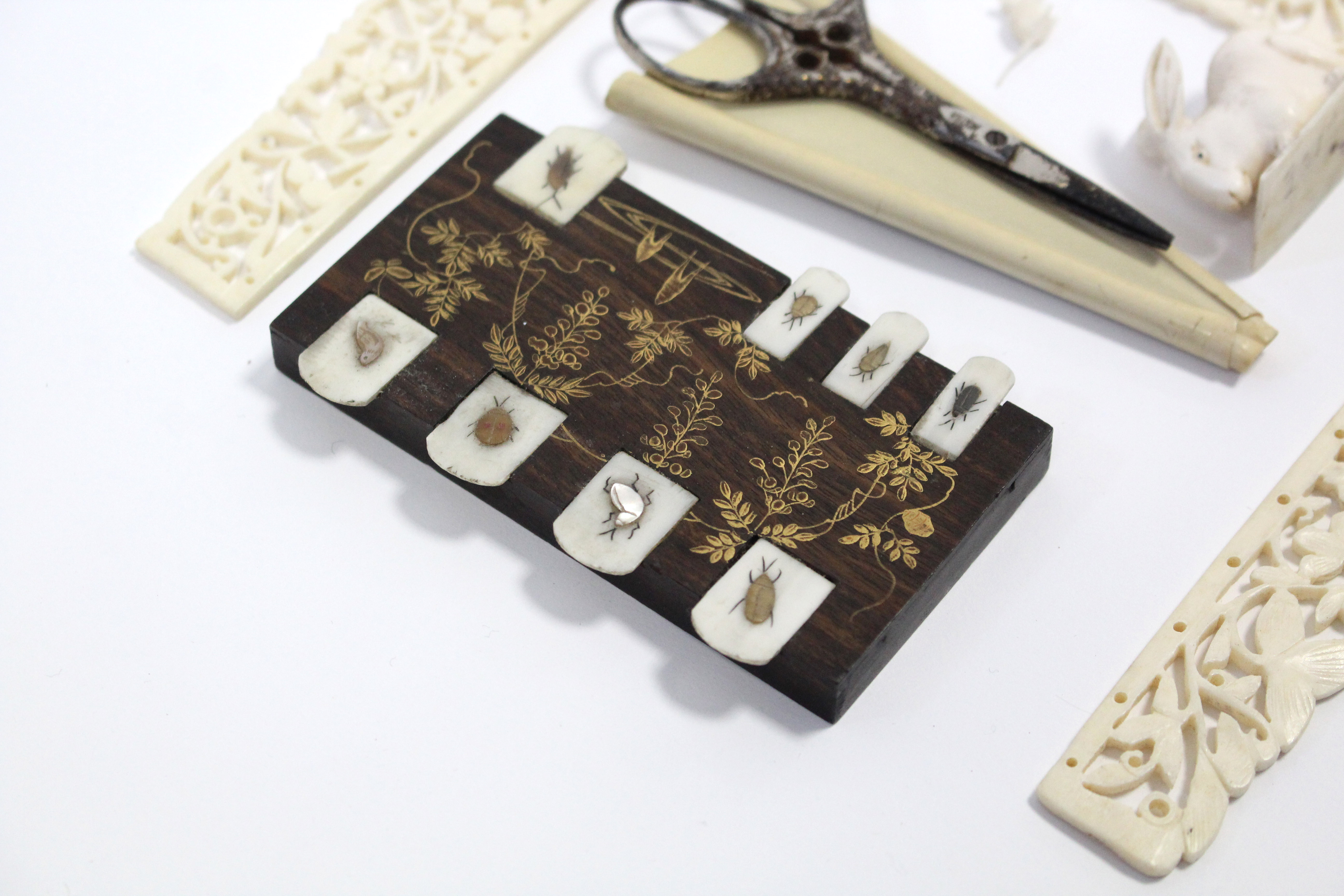 A Japanese Shibayama inlaid rosewood games marker with ivory inserts depicting assorted insects; - Image 2 of 6