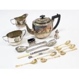 An EPNS oval semi-fluted three piece tea service; various small plated items; & six Braber gold-