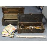 Two wooden tool chest, 29” & 26¾” wide, containing various hand tools; & various books.