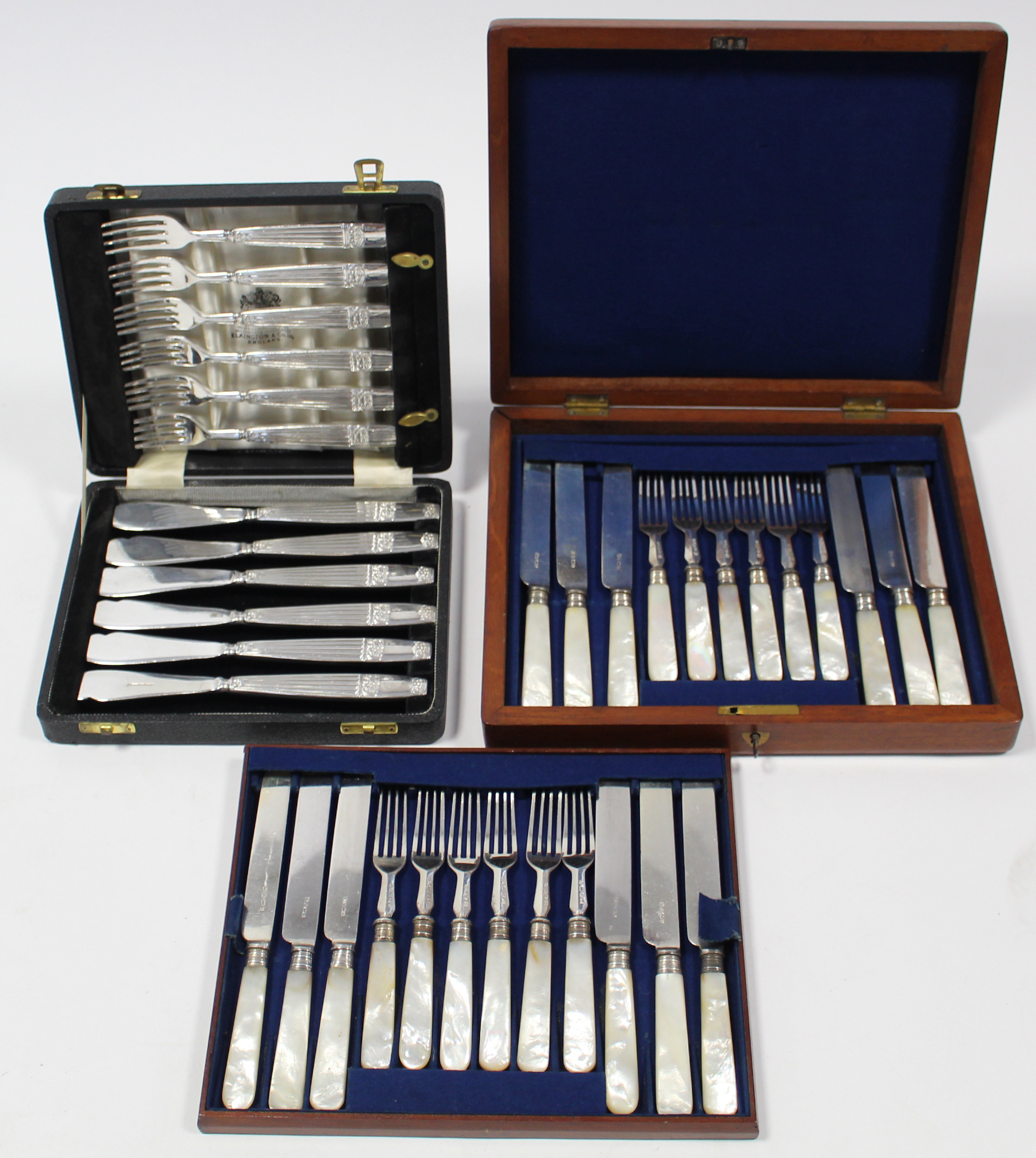 A set of six plated tea-knives & forks with mother-of-pearl handles; & a set of six Elkington plated