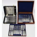 A set of six plated tea-knives & forks with mother-of-pearl handles; & a set of six Elkington plated