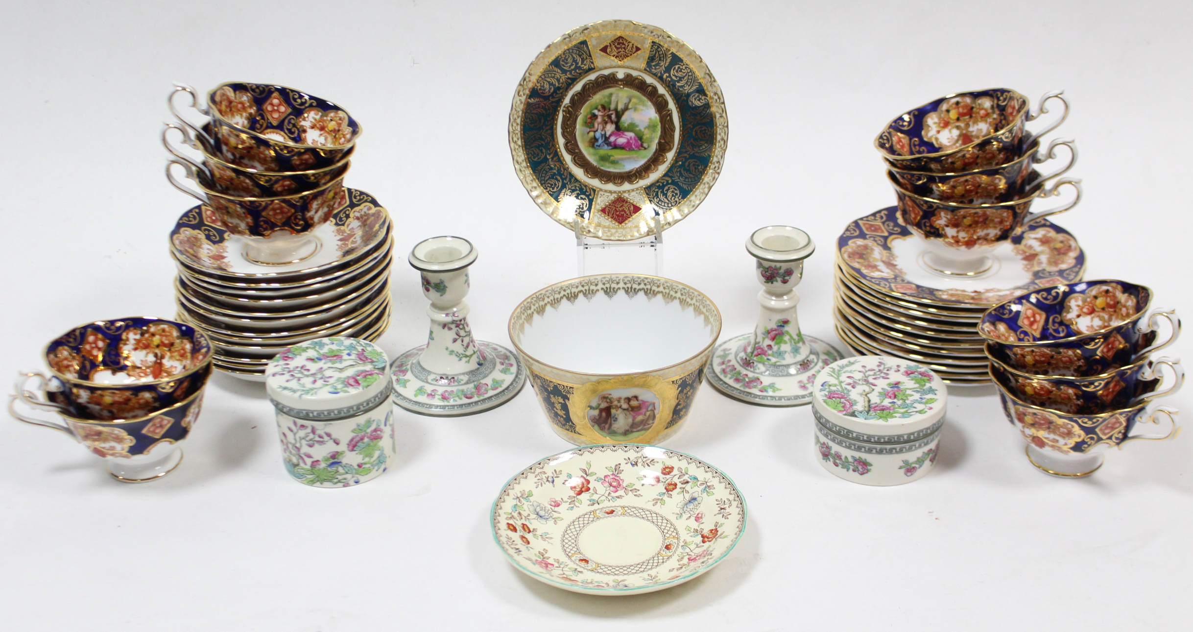A Royal Albert “Heirloom” pattern part tea service of thirty-four items; a pair of Copeland late