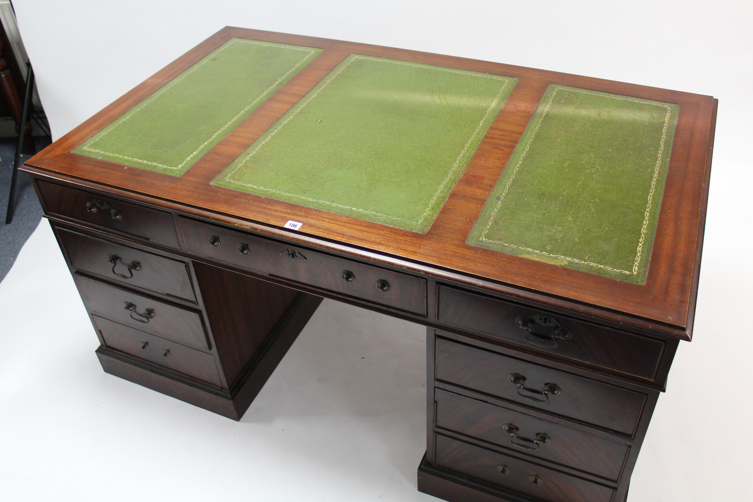 A reproduction mahogany large pedestal desk, inset gilt tooled green leather cloth, fitted with an - Image 3 of 3