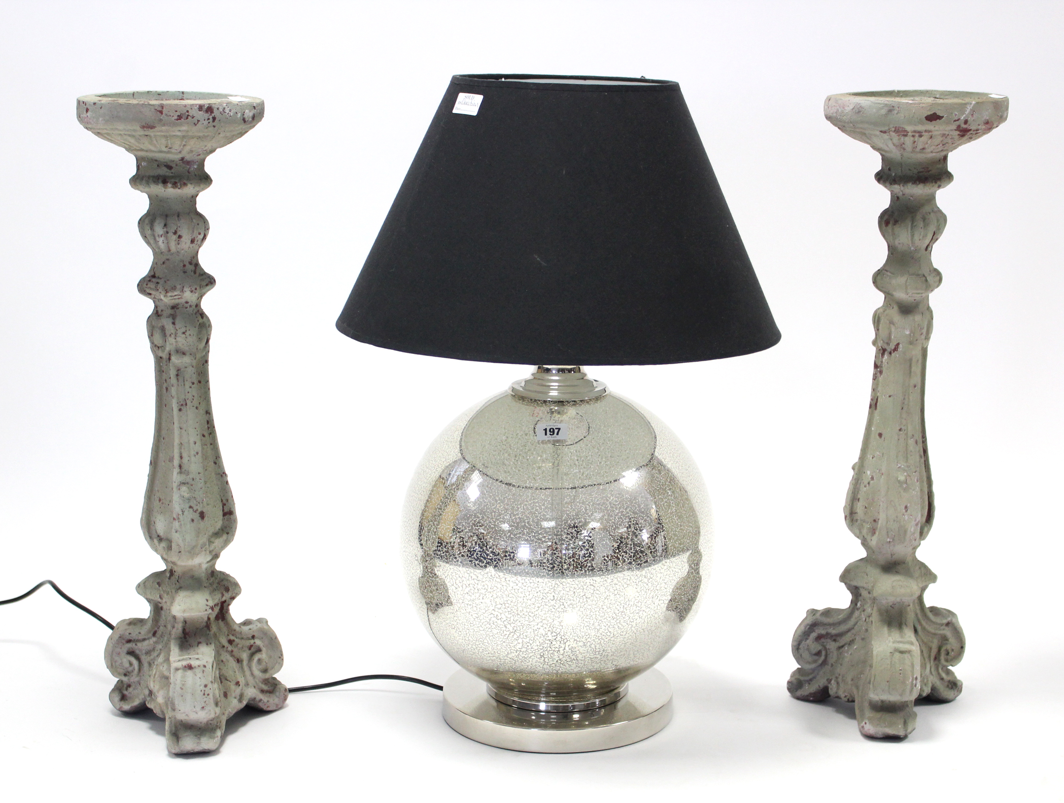 An India Jane silvered ball-shaped table lamp with shade; two India Jane pedestals; & six India Jane