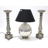 An India Jane silvered ball-shaped table lamp with shade; two India Jane pedestals; & six India Jane
