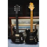 Three six-string electric guitars.