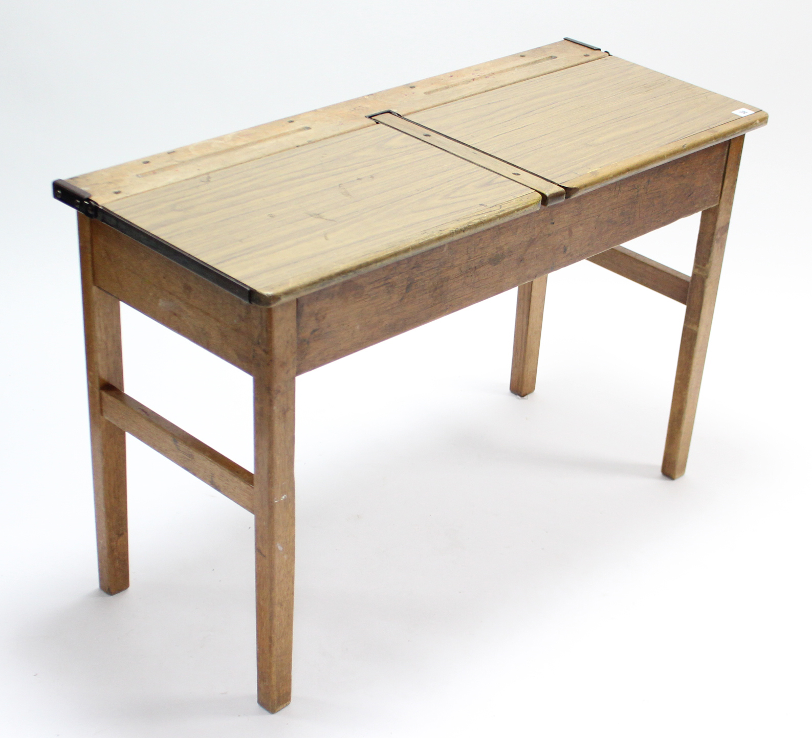 A vintage “duet” school desk, on square legs, 40¼” wide.