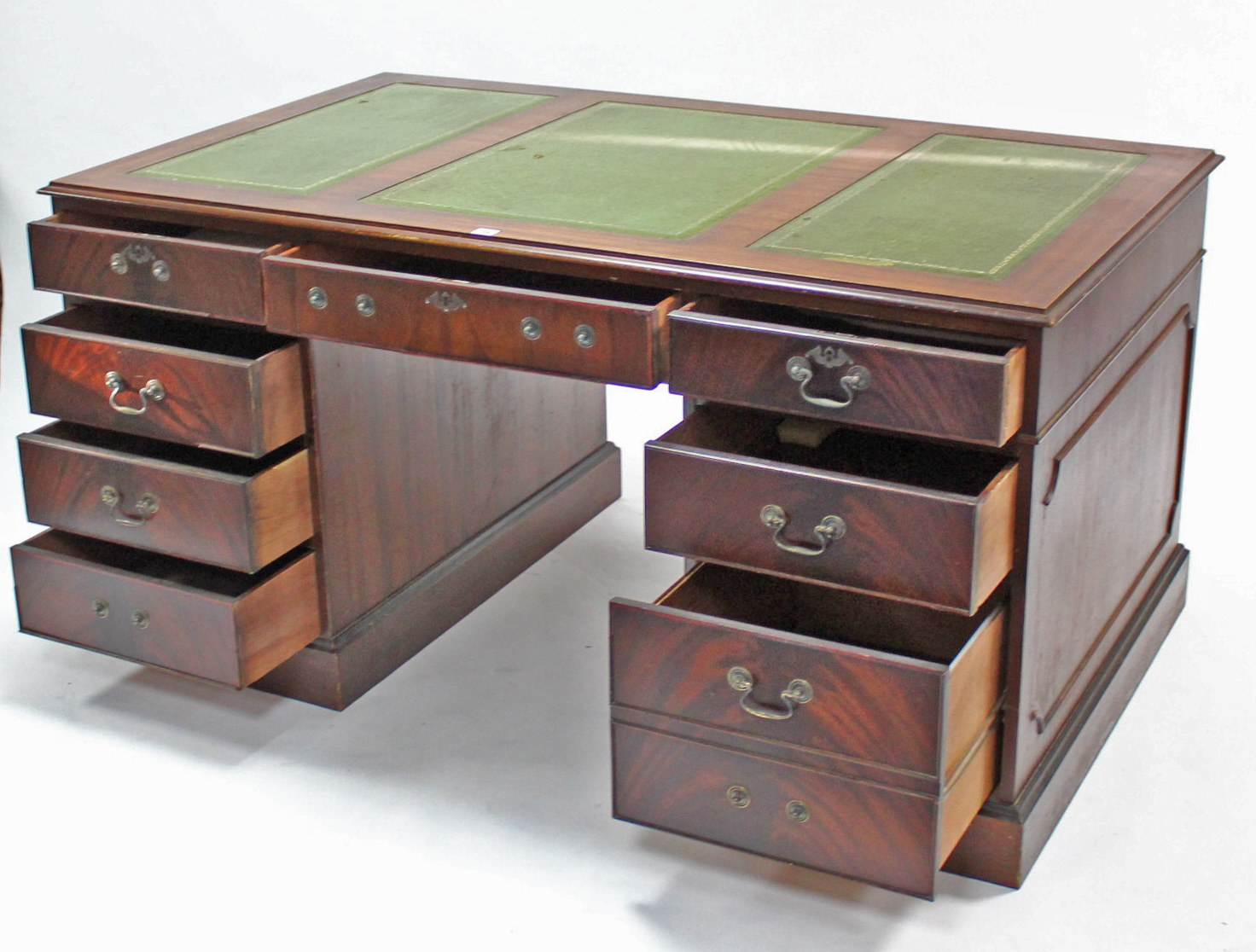 A reproduction mahogany large pedestal desk, inset gilt tooled green leather cloth, fitted with an - Image 2 of 3