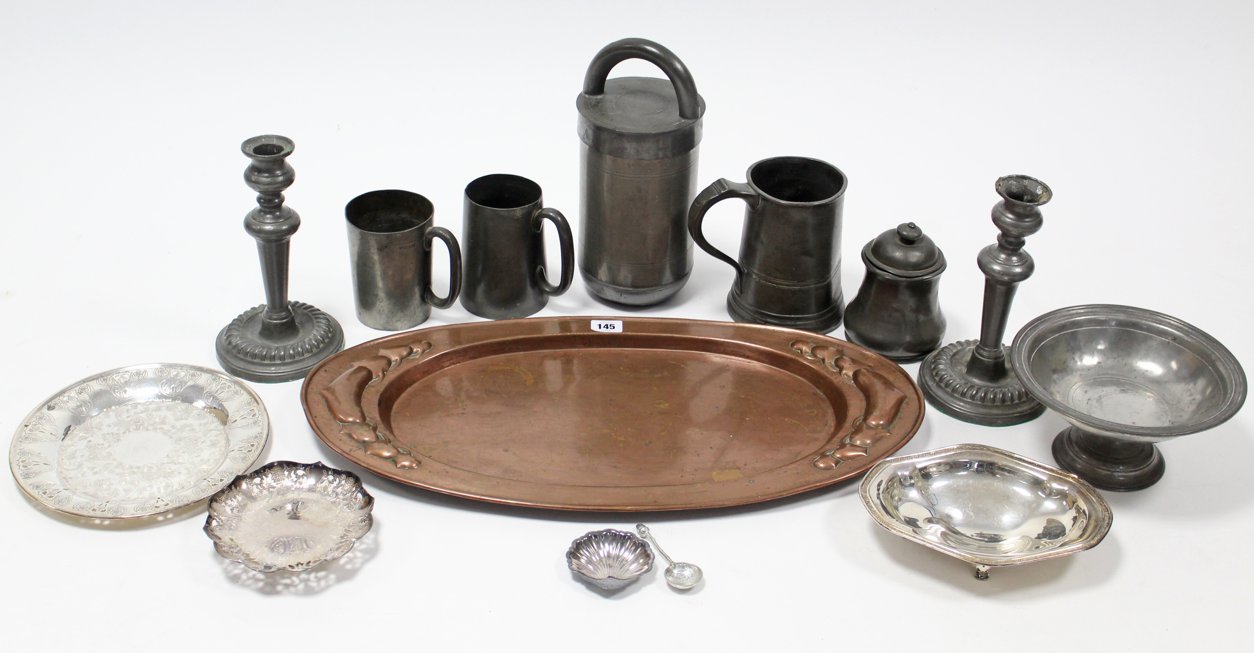 An Arts & Crafts copper oval tray, 22¾” x 12¾”; & various items of pewter ware & plated ware.