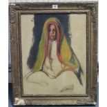 A portrait study of a seated female figure wearing a headscarf, (oil on canvas), 19½” x 15¾”;