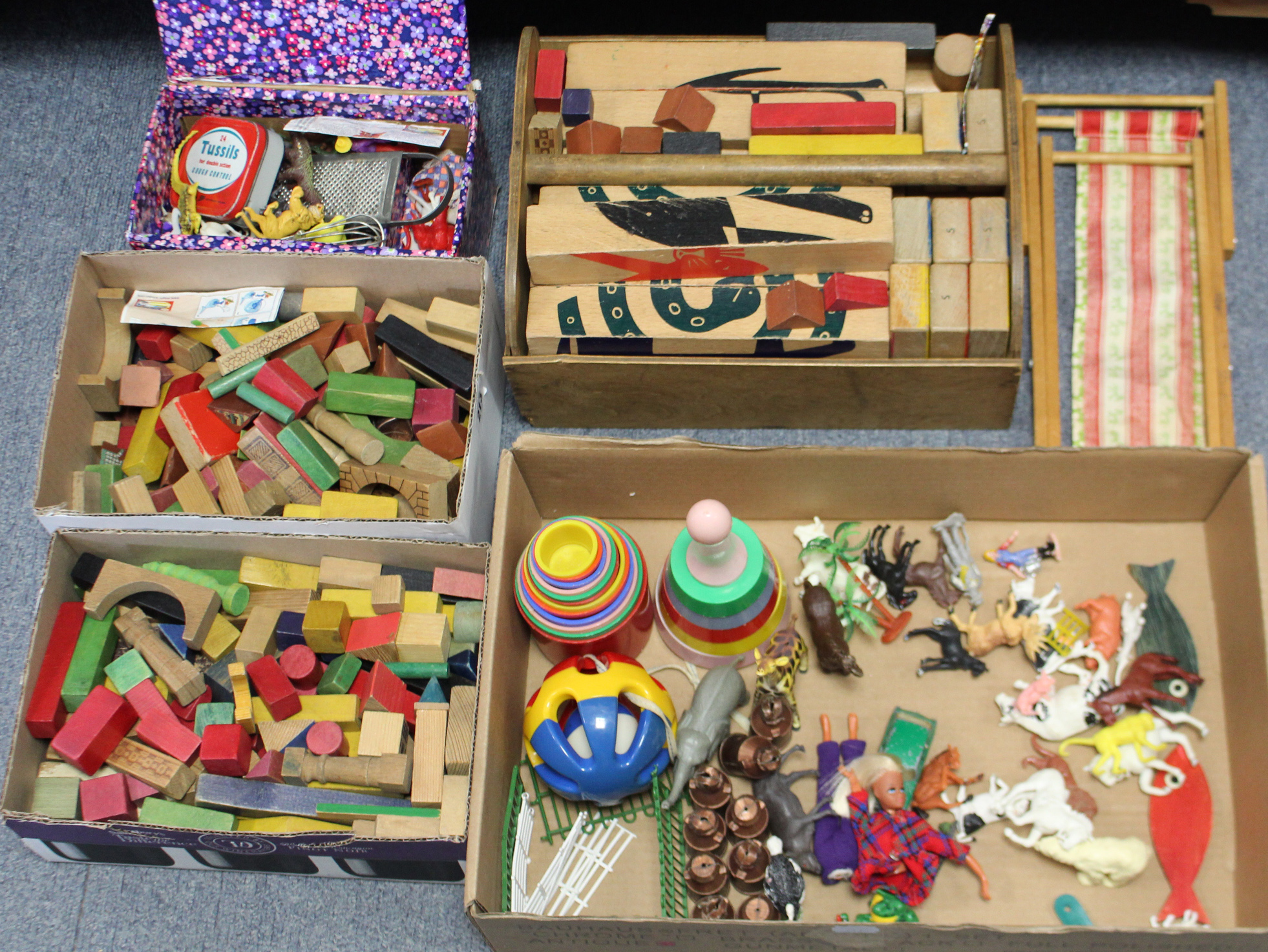 Various wooden building blocks; plastic toys, etc.