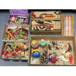 Various wooden building blocks; plastic toys, etc.