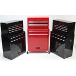 A red art-metal tool cabinet, 24½” wide x 42½” high; & a similar pair of black art-metal tool