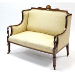 An Edwardian inlaid show-wood frame two-seater settee with padded back, sides & sprung seat