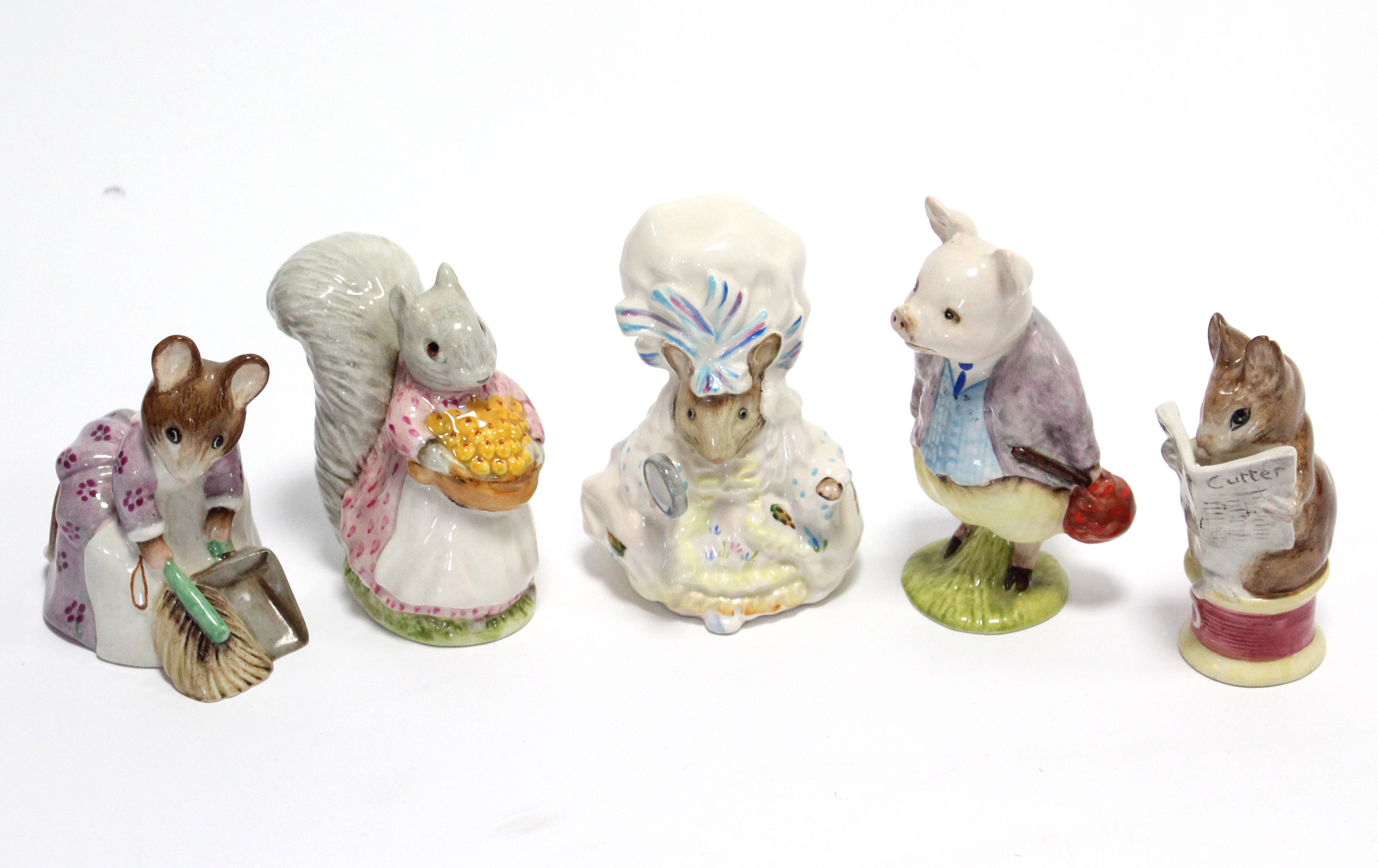 Five other Beswick Beatrix Potter character figures “Goody Tiptoes”, “Hunca Munca Sweeping”, “Lady