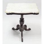 A Victorian mahogany tripod table with rectangular white-marble top, & on carved vase-turned
