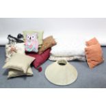 Five various rugs; two bed quilts; & various cushions & lampshades.