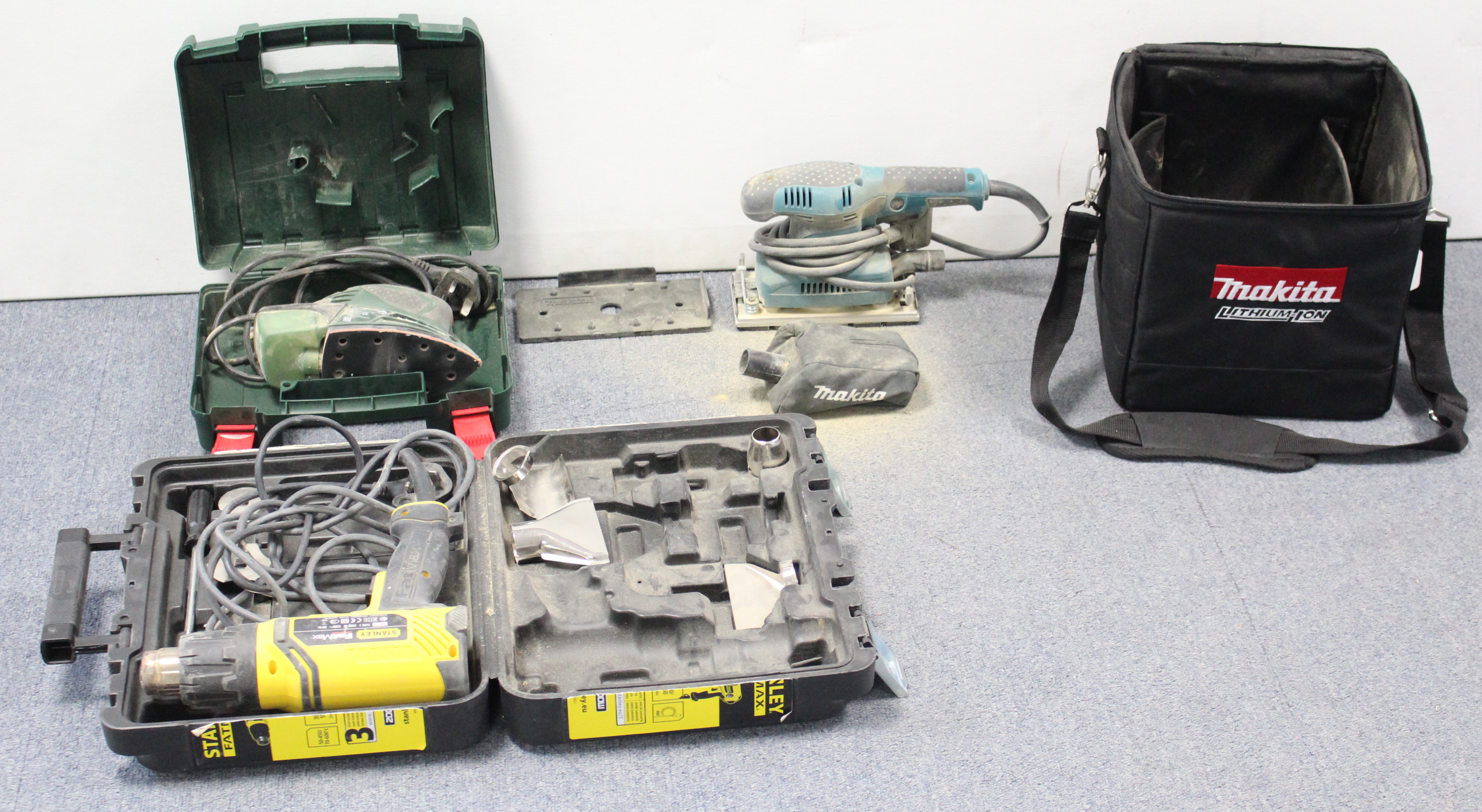 A Makita 240V sander; a Bosch 230V sander; & a Stanley Fatmax 2000W paint stripper, all cased. - Image 2 of 4