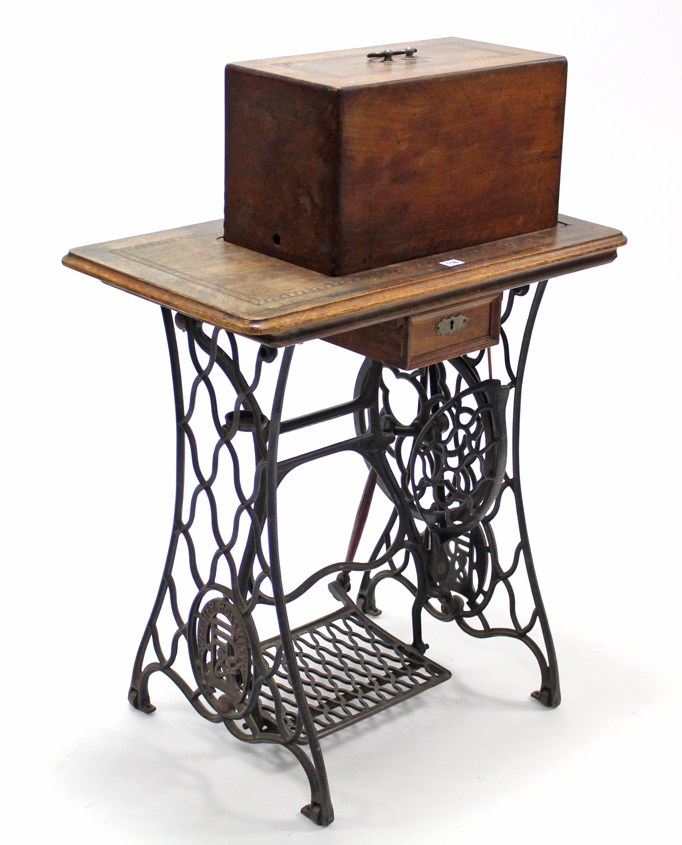 An early 20th century Frister & Rossmann treadle sewing machine in inlaid-walnut case, & on black - Image 4 of 4