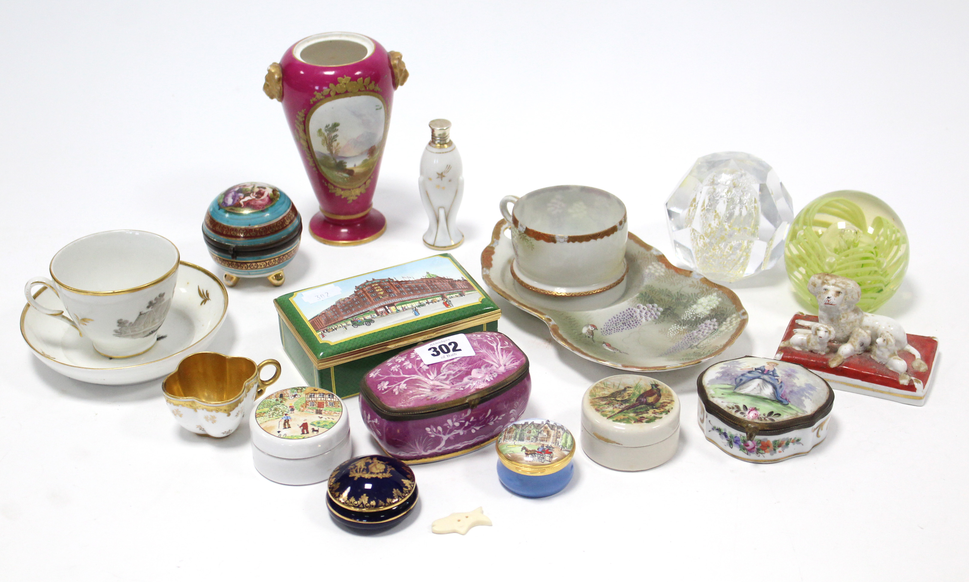 Eight various porcelain & other decorative trinket boxes; two glass paperweights; two cups &