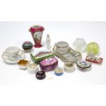 Eight various porcelain & other decorative trinket boxes; two glass paperweights; two cups &