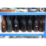 A collection of approximately thirty various amber tinted glass bottles.