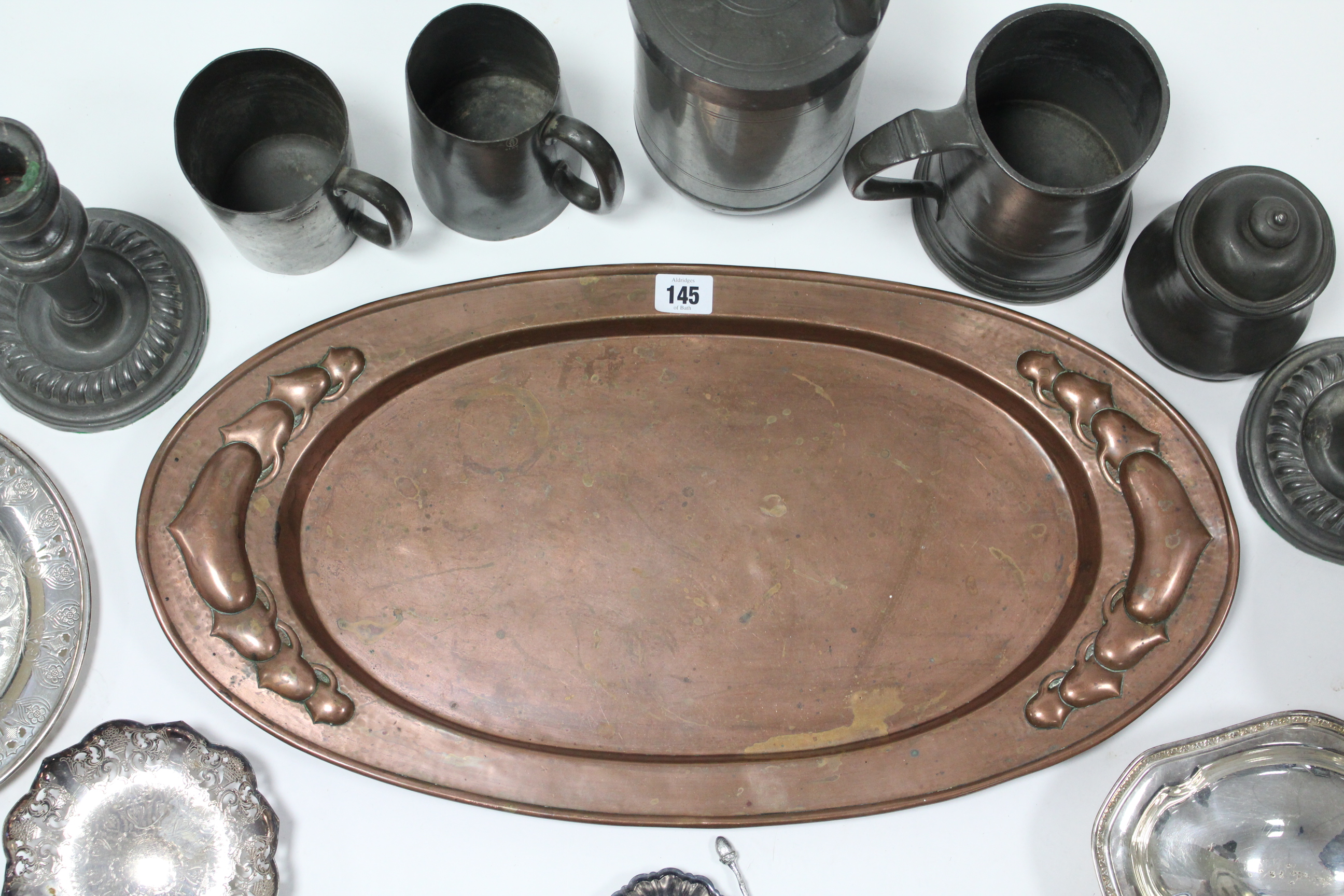 An Arts & Crafts copper oval tray, 22¾” x 12¾”; & various items of pewter ware & plated ware. - Image 2 of 3
