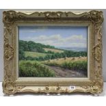 An oil painting on canvas by David Miller of a rural scene, signed, 12” x 16”, in gilt frame.