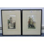 Six coloured prints, each in glazed frame, three stoneware foot warmers; a floral decorated