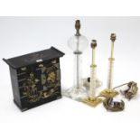 A Japanese black lacquer table cabinet, 12” wide x 15¾” high; & three glass table lamps.