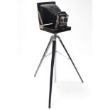 A reproduction ebonised plate camera with tripod; & a modern terrestrial globe.