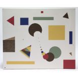 An oil painting on canvas by R.A. Newman depicting numerous multi-coloured geometric shapes,