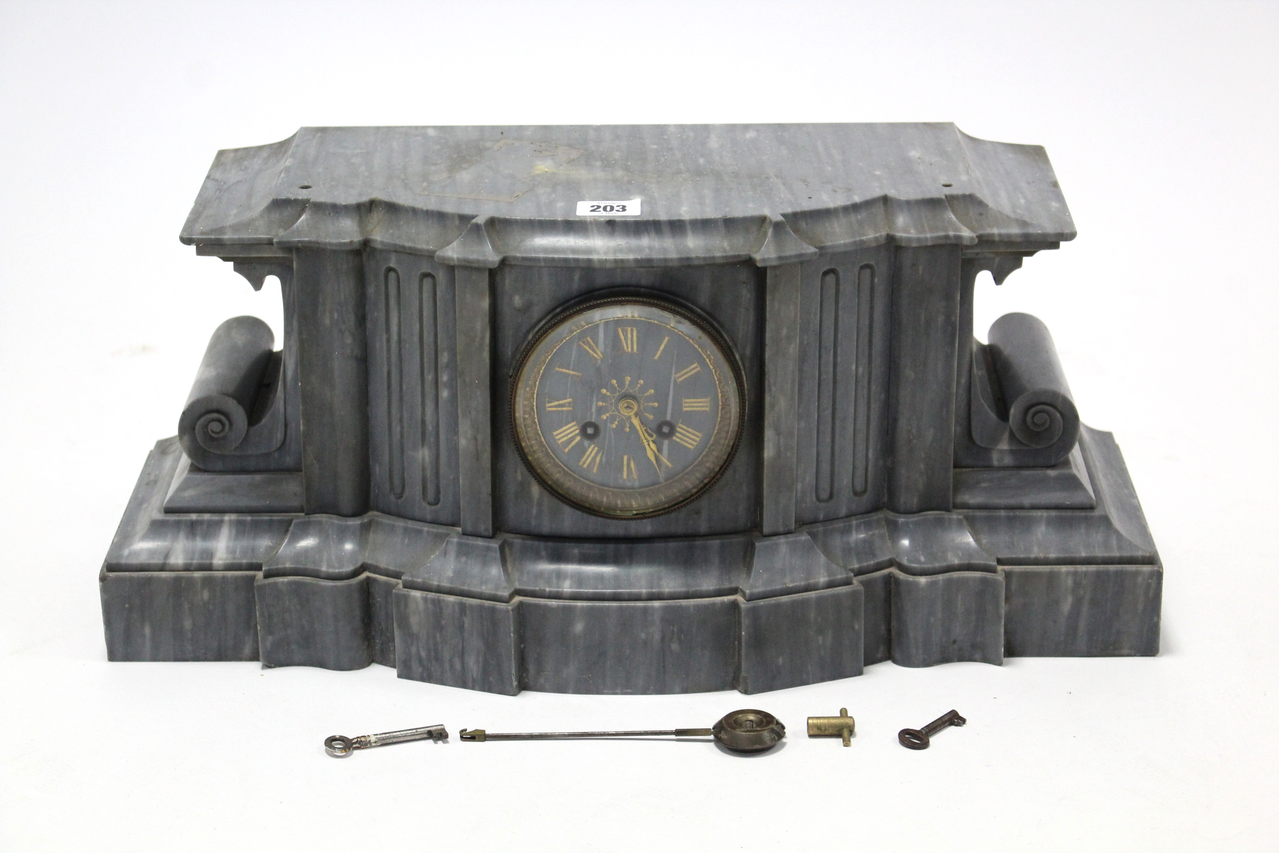 A late 19th century mantel clock with striking movement, & in grey slate case, 21” wide x 9” high.