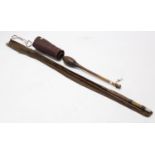 A split cane three-piece fly fishing rod with case; a treen; & a pair of leather gators.