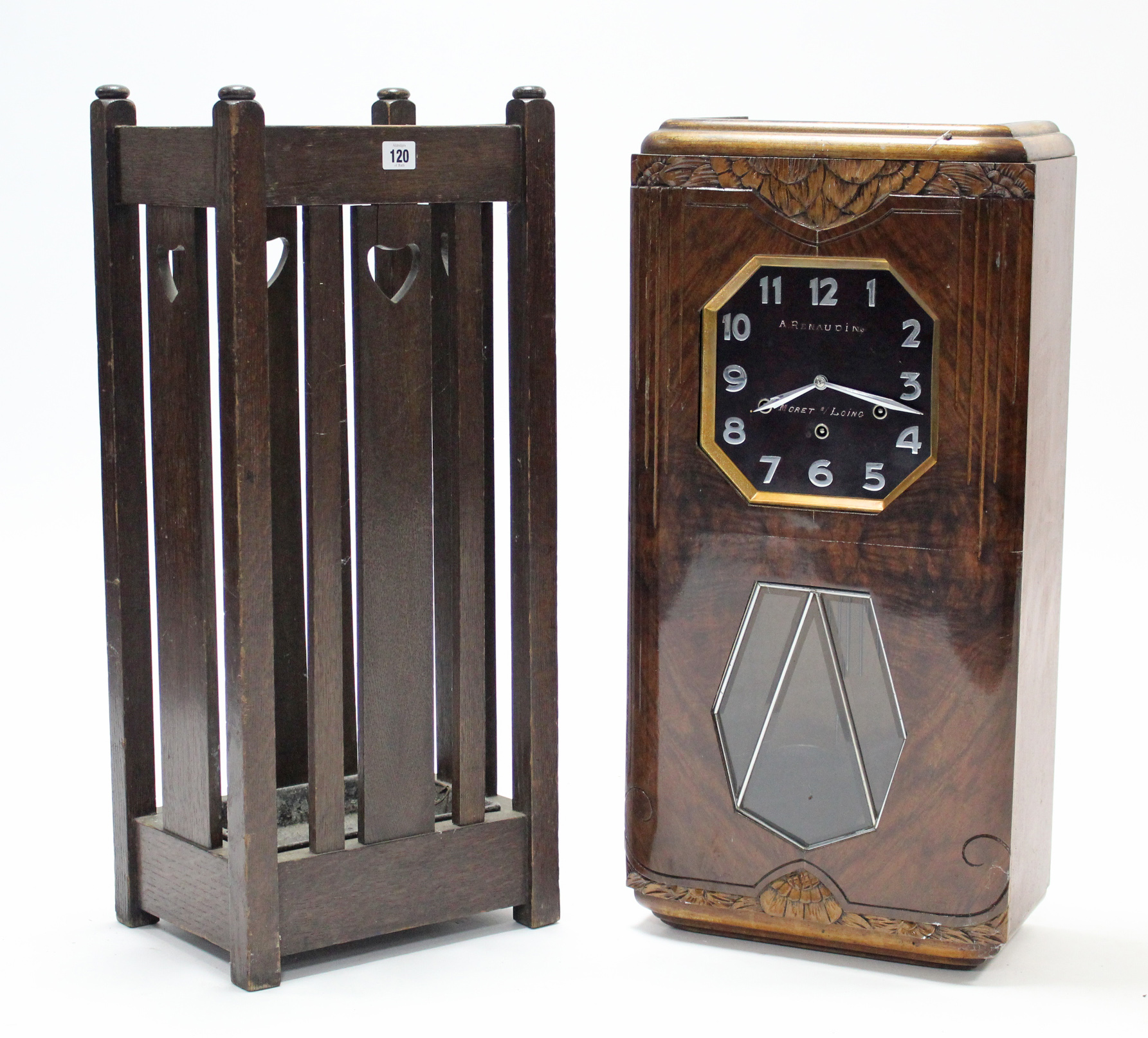 A 1930’s oak umbrella stand; a mid-20th century wall clock; & an antique set of coat hooks.