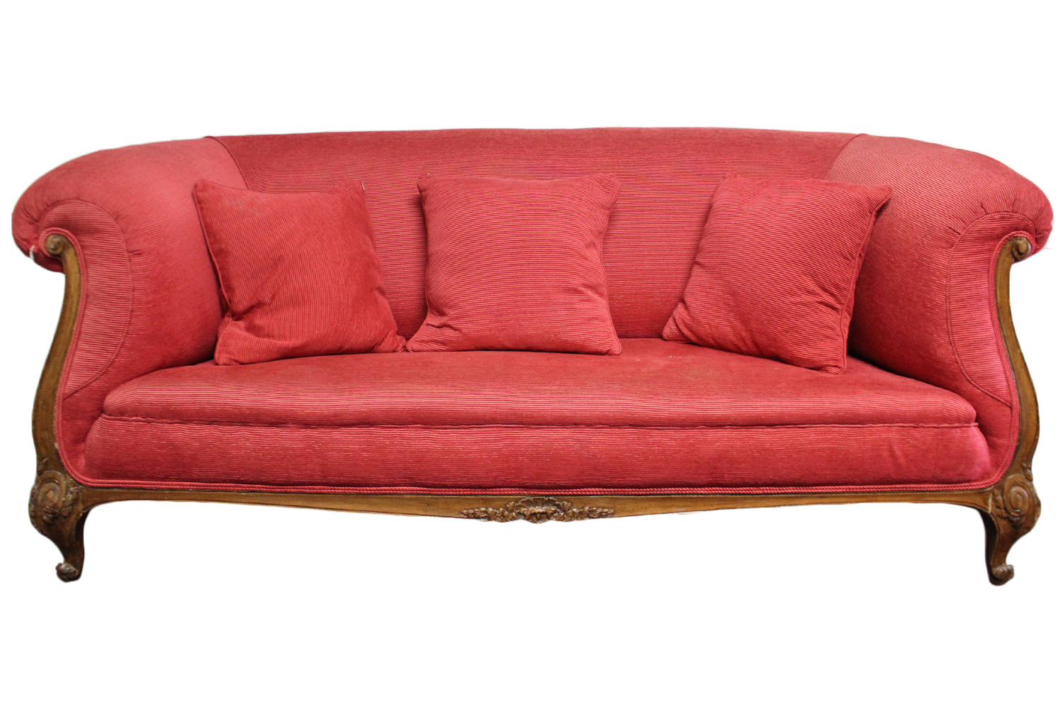 A 19th century carved walnut-frame Chesterfield type three-seater sofa, upholstered pink corduroy,