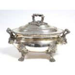 A SHEFFIELD PLATED OVAL SOUP TUREEN with shell & gadroon rims, lion-mask & foliate handles, & on