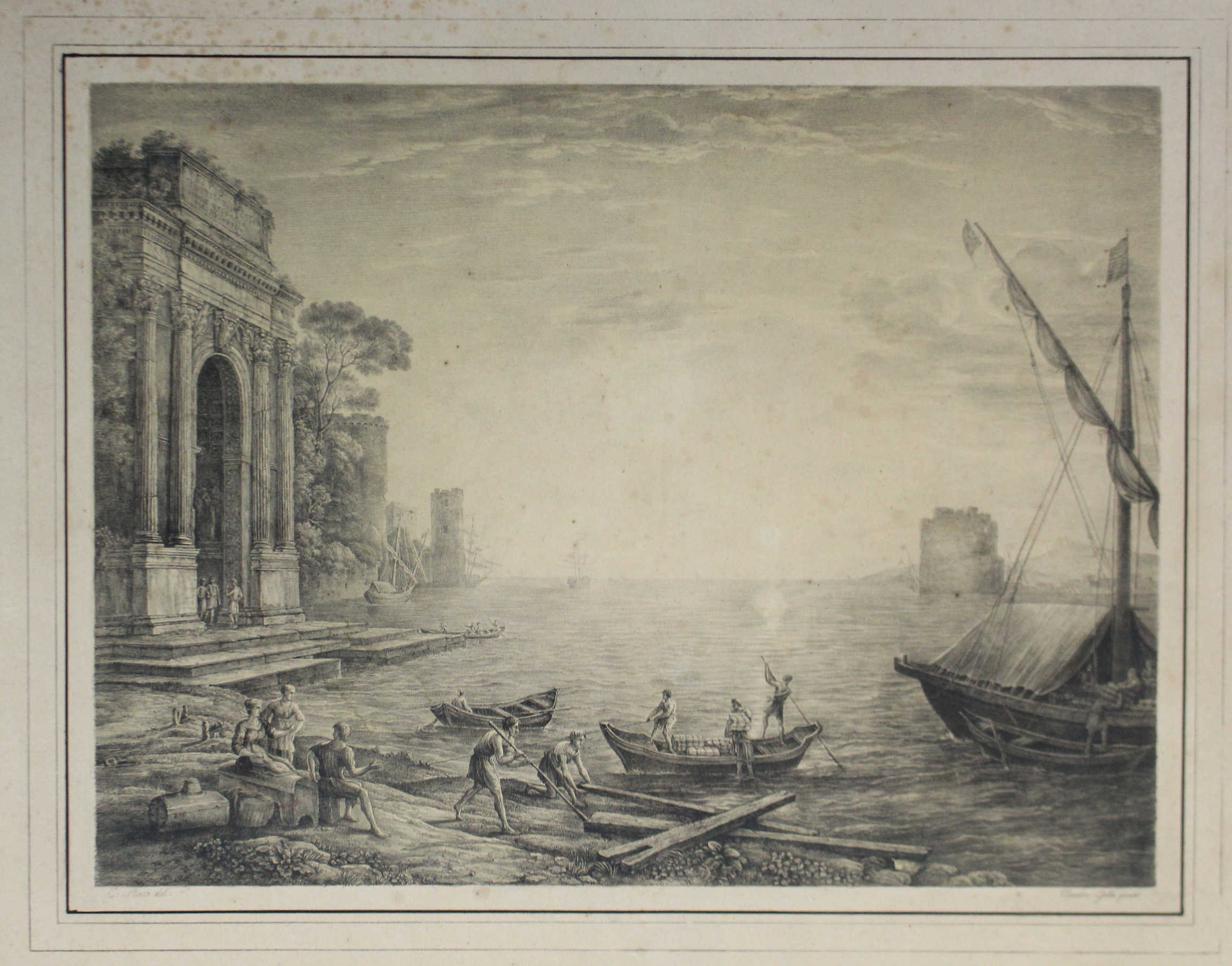 C. Auer; after Claudius Gelée. (Claude Lorraine). A 19th century harbour scene with figures & ruins.