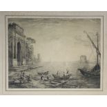 C. Auer; after Claudius Gelée. (Claude Lorraine). A 19th century harbour scene with figures & ruins.