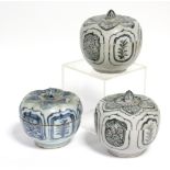 Three Chinese provincial blue-&-white small melon-shaped covered pots, painted with alternating