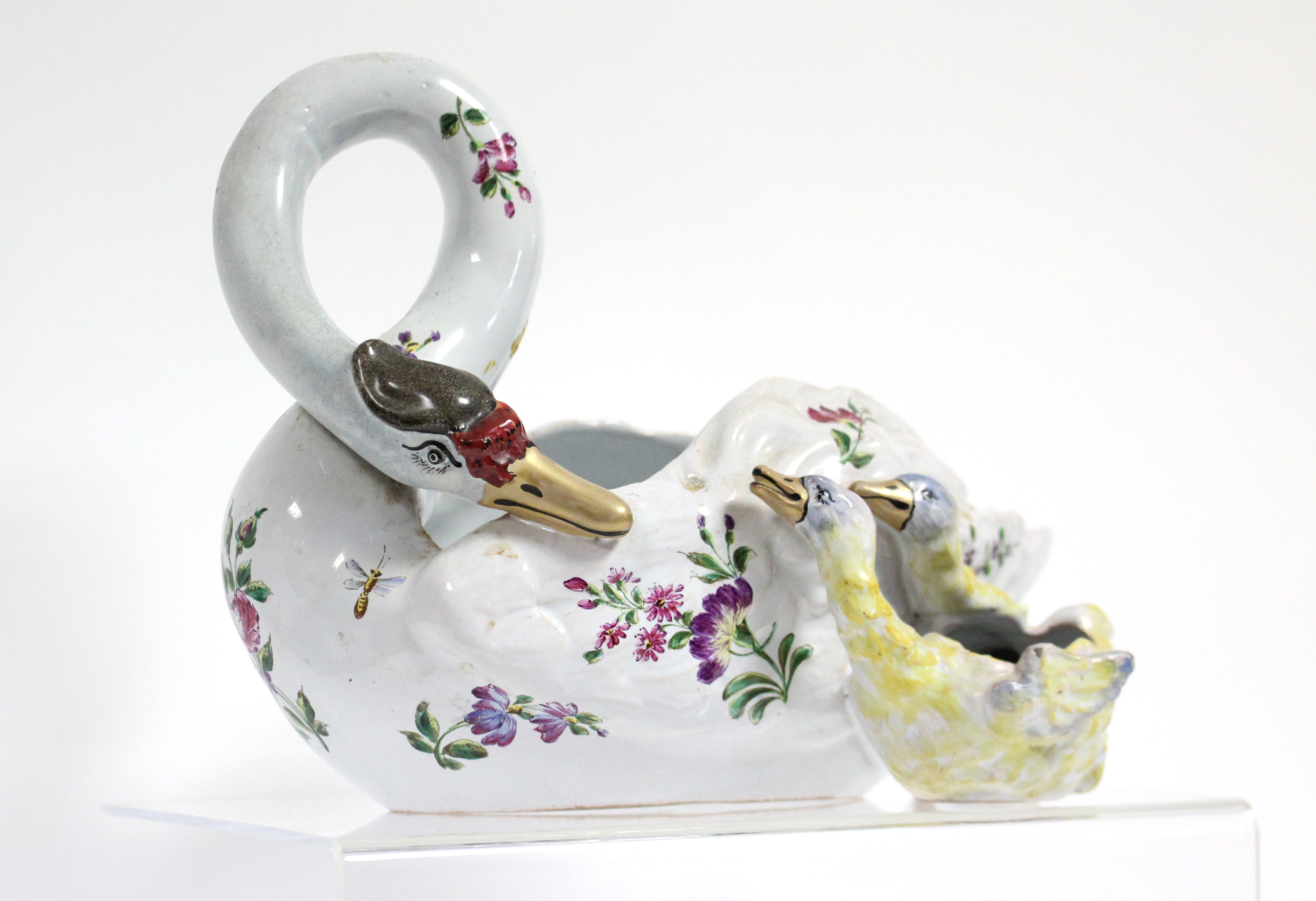 A GALLÉ FAIENCE BOWL IN THE FORM OF A SWAN, its neck looped downwards toward two cygnets at her - Image 2 of 4