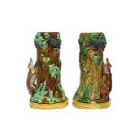 A MATCHED PAIR OF MINTON MAJOLICA AESOP’S FABLE VASES depicting “The Fox & The Crow”, each in the