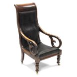 A William IV mahogany library armchair, with open scroll arms, padded seat & tall buttoned-back