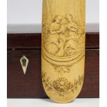 An 18th century ivory busk, carved with an allegorical figure scene, 8” long; two 18th or19th