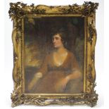 After JOHN HOPPNER R.A. (1758-1810). A three-quarter length portrait of a seated lady. Oil on