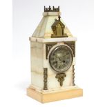 A late 19th century French mantel clock in onyx architectural case, the 4” diam. silvered dial