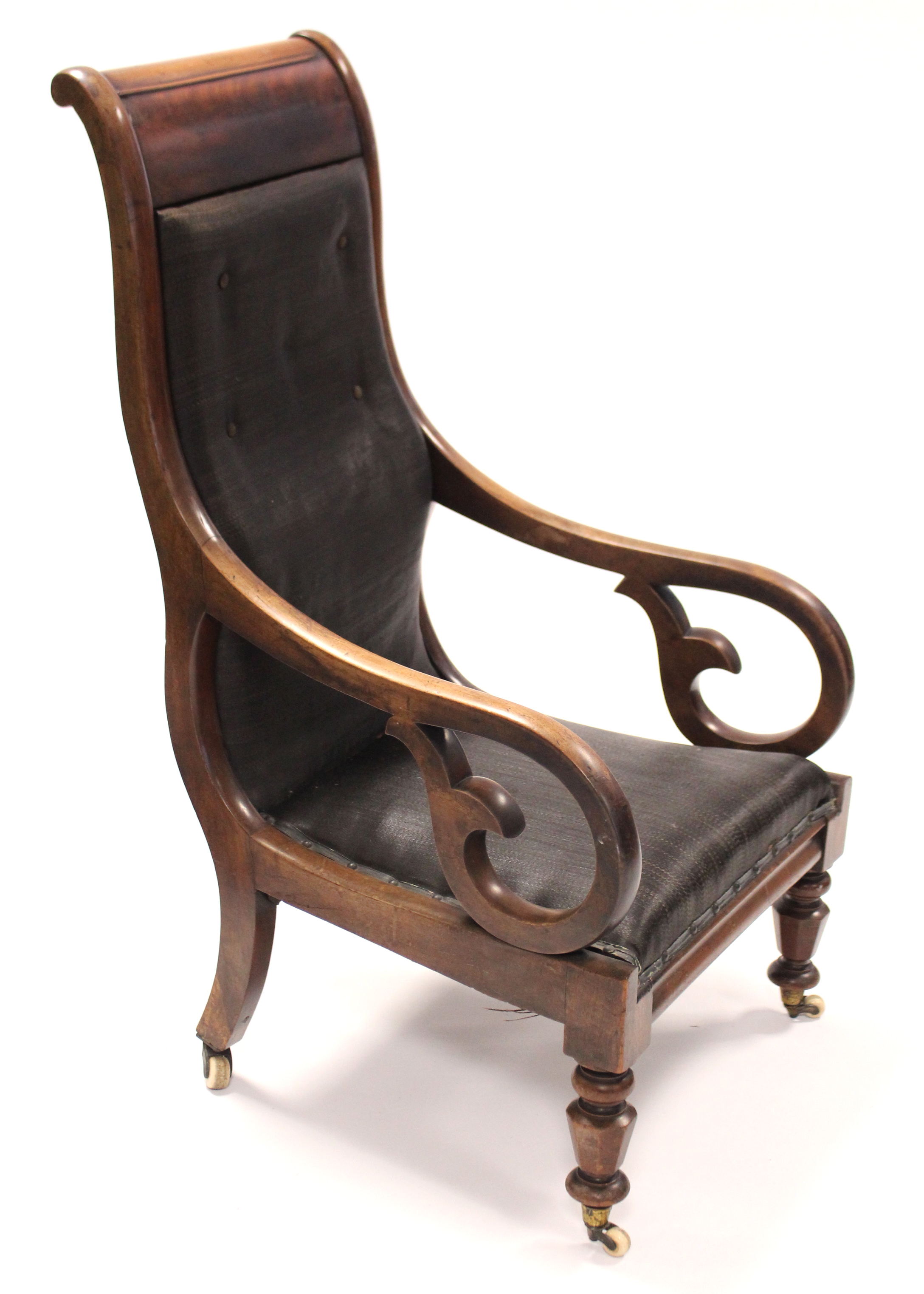 A William IV mahogany library armchair, with open scroll arms, padded seat & tall buttoned-back - Image 4 of 4