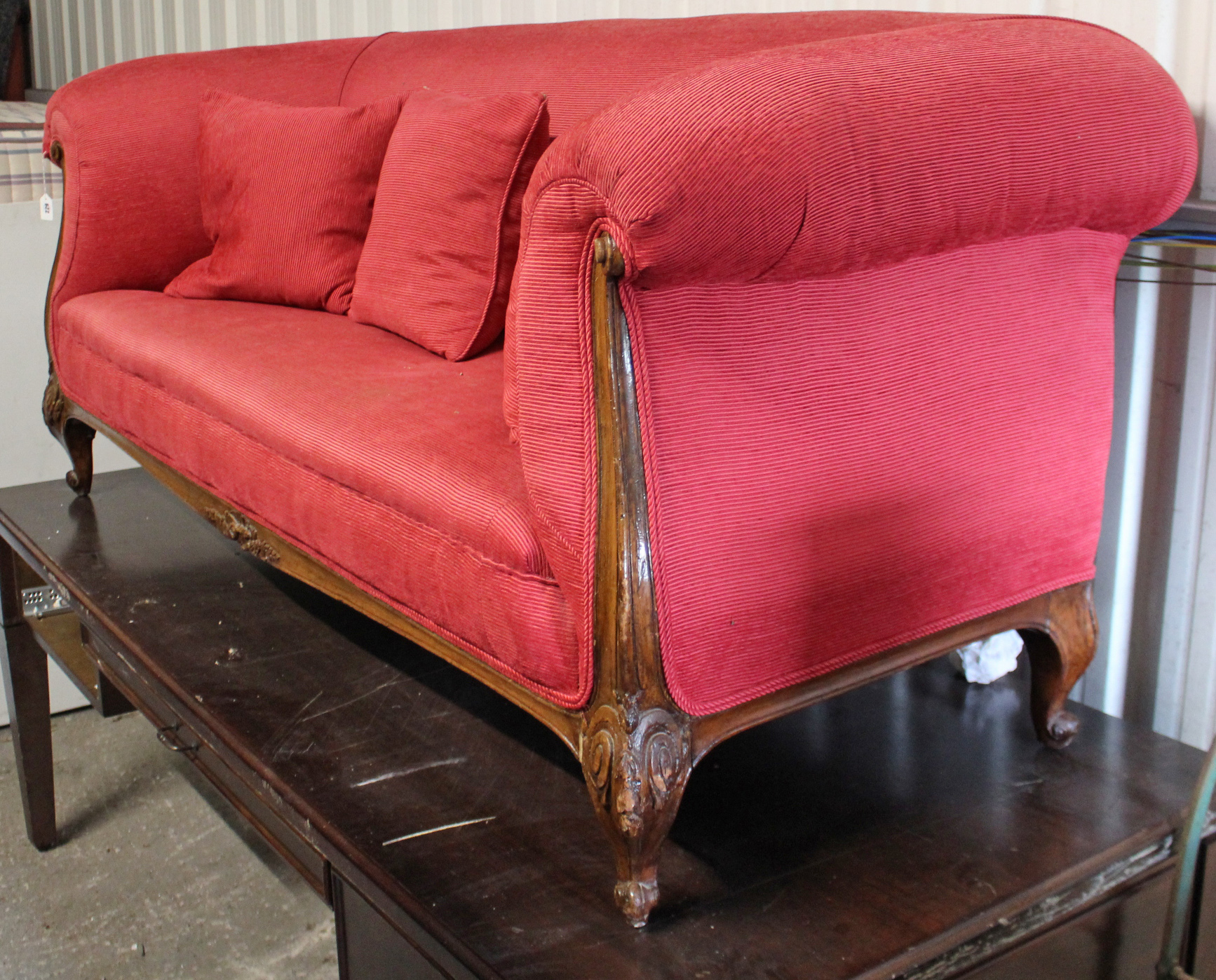 A 19th century carved walnut-frame Chesterfield type three-seater sofa, upholstered pink corduroy, - Image 2 of 2
