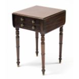 A Regency mahogany drop-leaf work table, fitted two frieze drawers with brass knob handles, mock